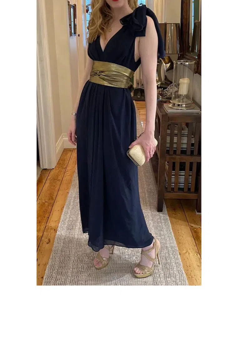 Carla Zampatti Grecian Dress Navy with Gold Sash Size 6 - Image 1