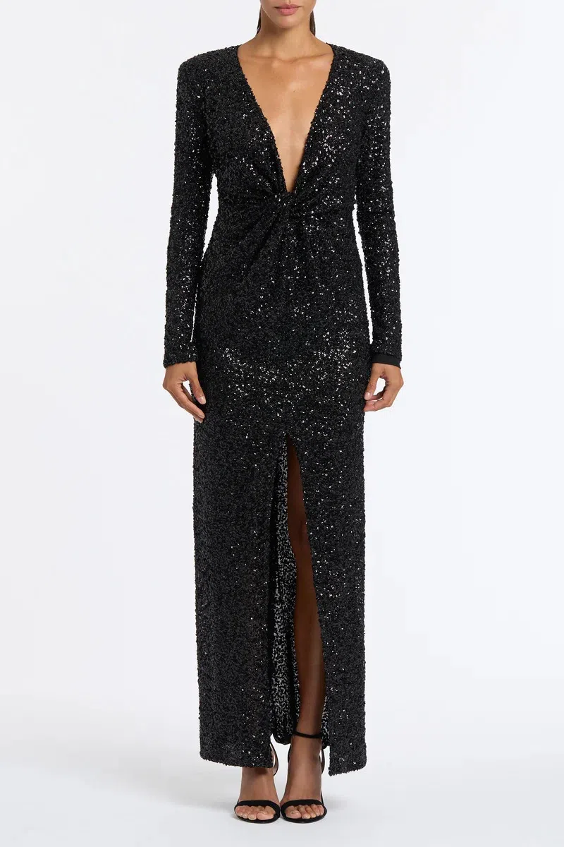 Carla Zampatti Black Sequin Plunge Gown Black Size AU 16 - Image 1