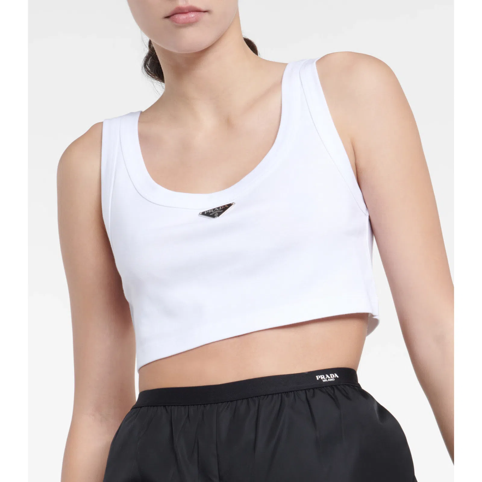 Prada Logo Cotton Jersey Crop Top White Size 8 - Image 1