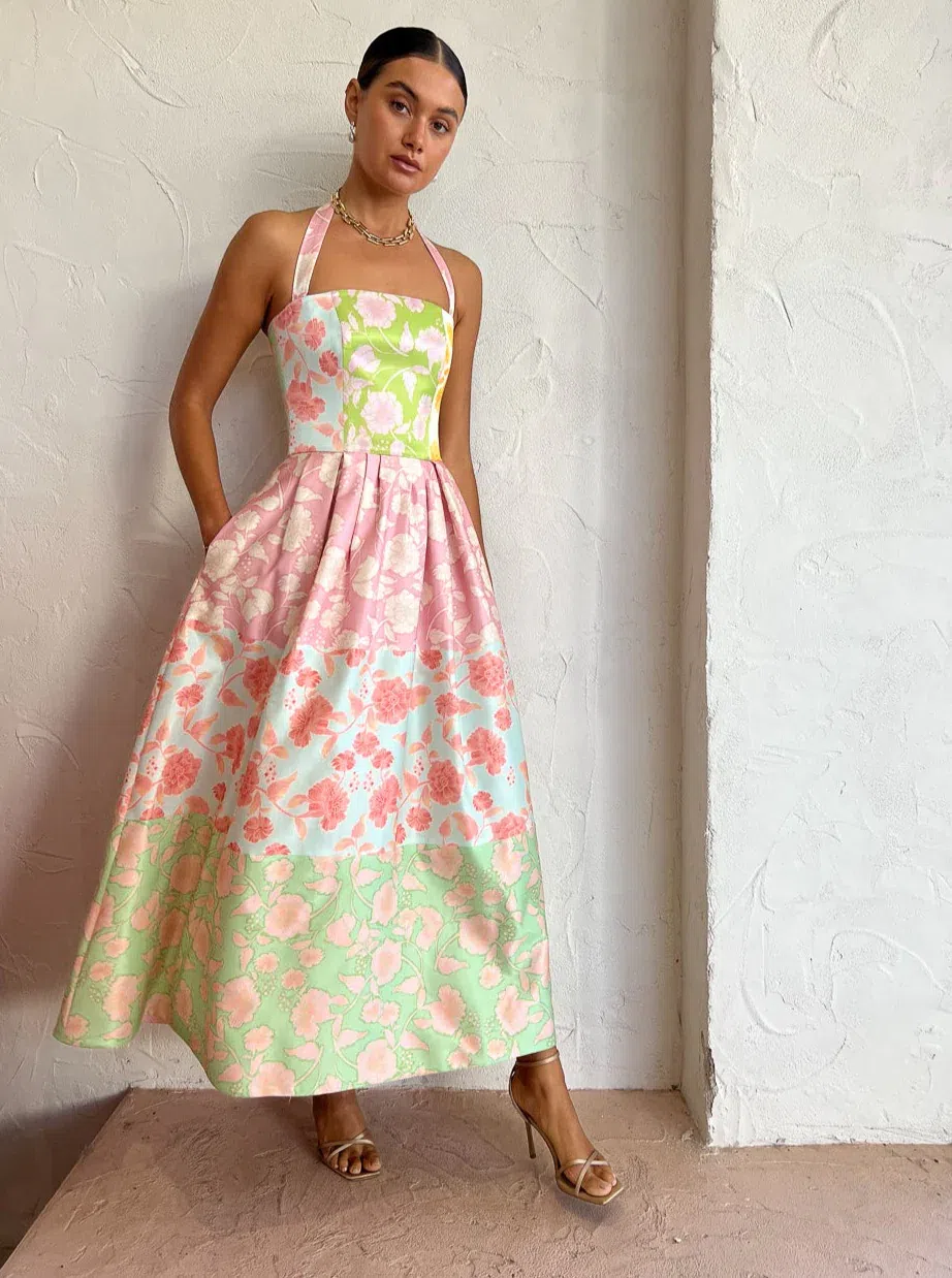 Leo Lin Ana Halterneck Maxi Dress Anemone Splice Print Size 12 - Image 1