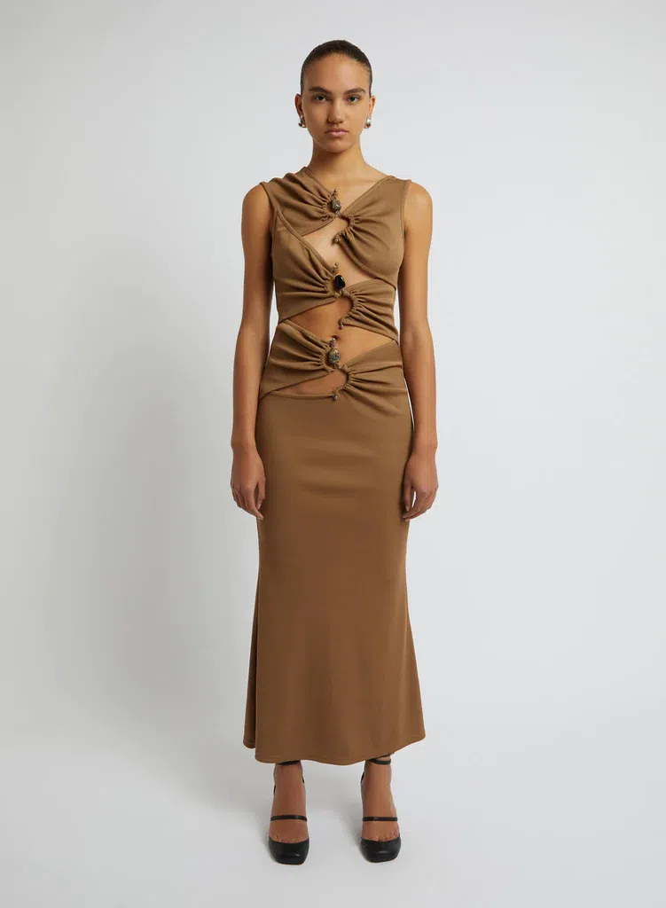 Christopher Esber The Frequency Crystal Stone Multi Gather Dress in Tannin Size 6 - Image 1