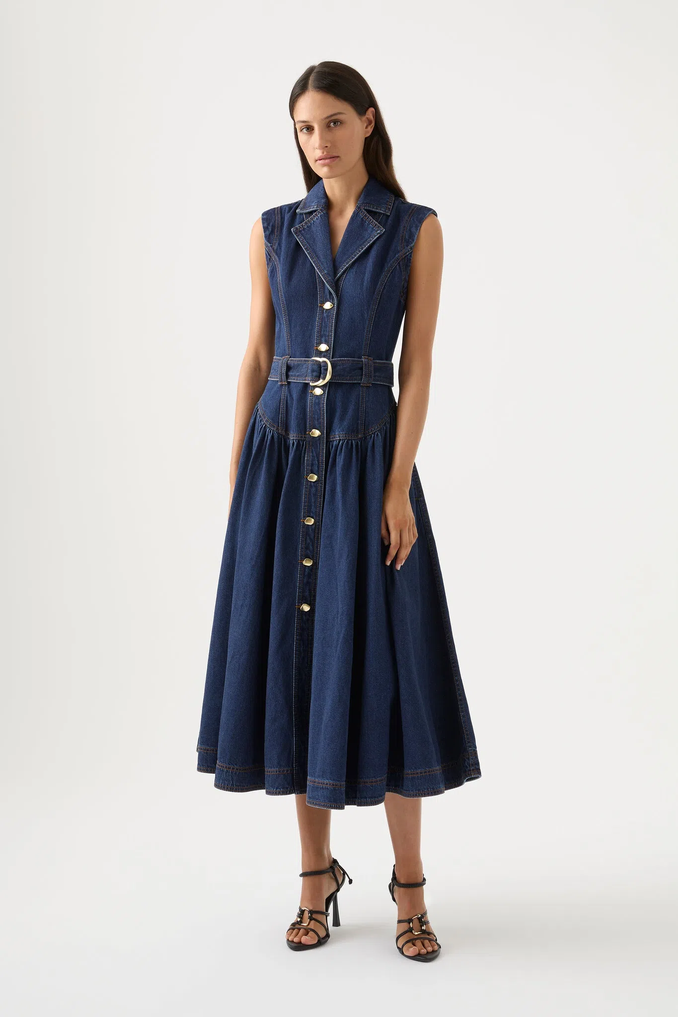 Aje Elena Belted Denim Midi Dress Blue Size 16  - Image 1