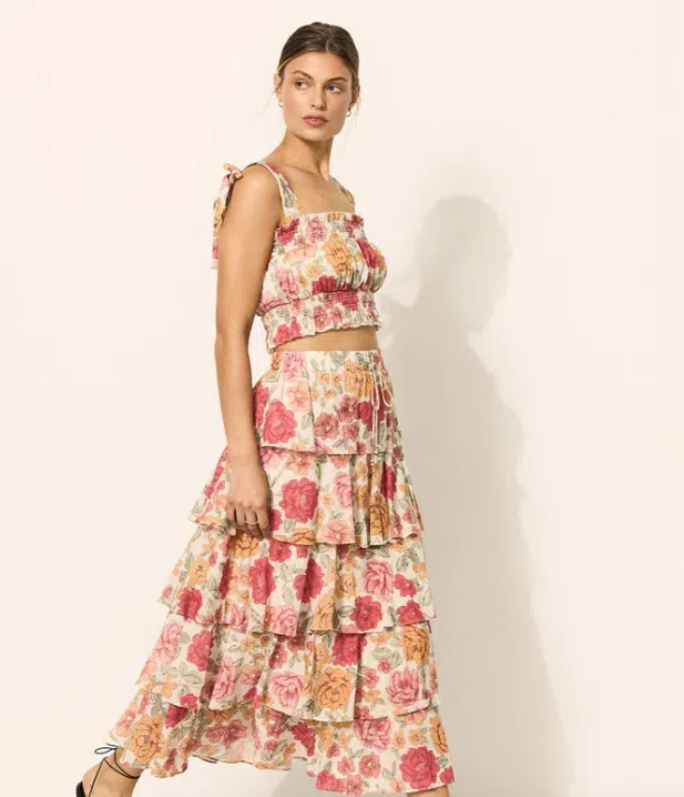 Kivari Camela Shirred Crop top and Maxi Skirt Floral Size 14 - Image 3