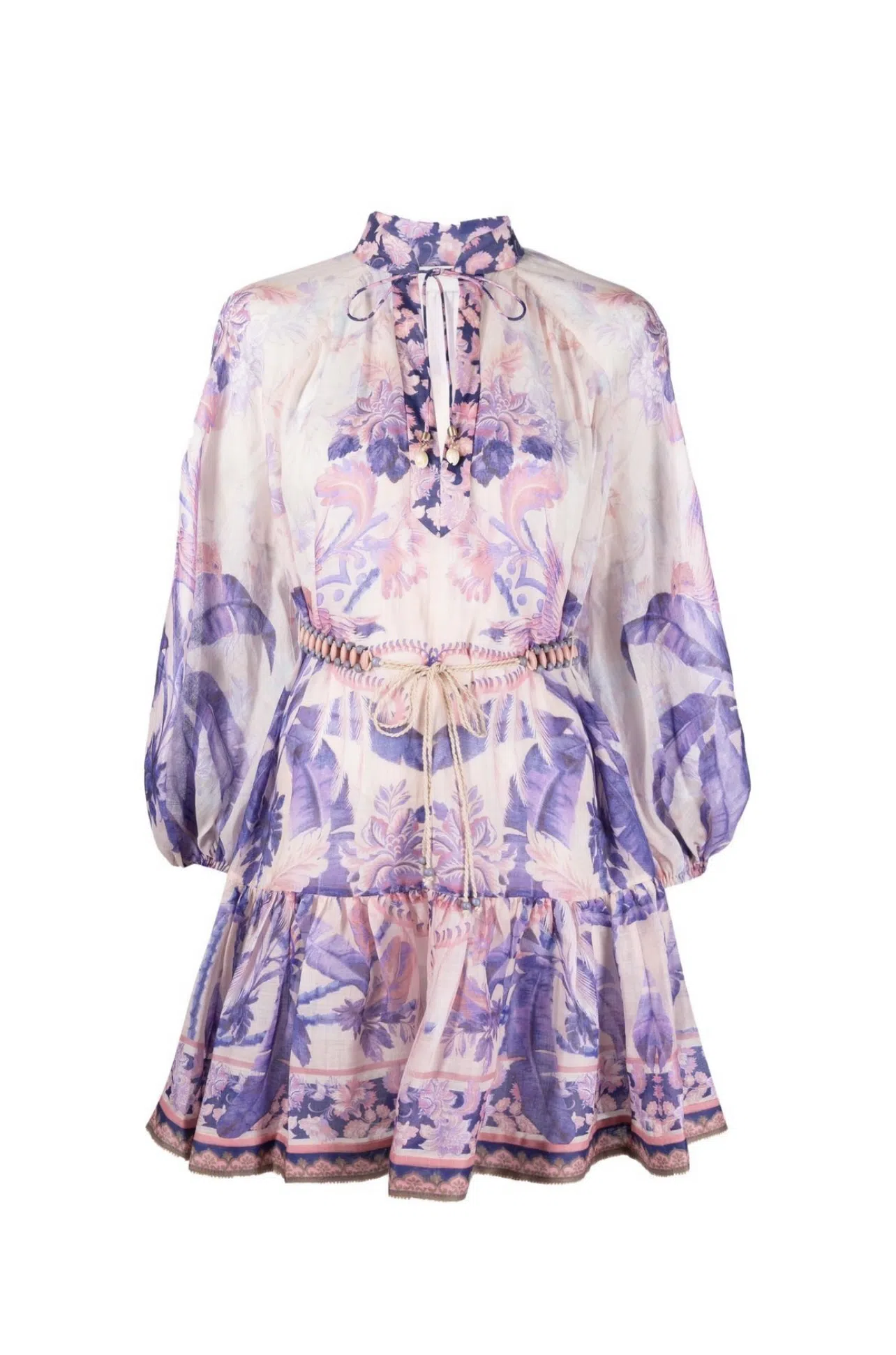 Zimmermann Lyre Billow Mini Dress in Purple Palm Print Size 0 / Au 8 - Image 2