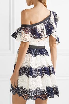 One Shoulder Striped Guipure Lace Mini Dress - Image 3