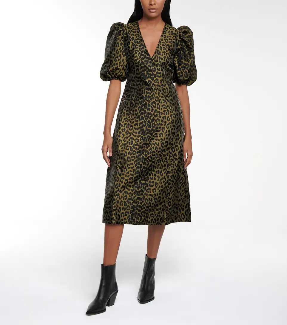 Ganni Puff Sleeve Leopard Jacquard Midi Dress Print Size 44 - Image 1
